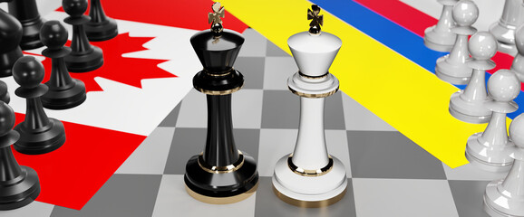 Canada and Colombia - talks, debate, dialog or a confrontation between those two countries shown as two chess kings with flags that symbolize art of meetings and negotiations, 3d illustration