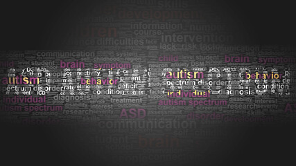 Asd autism spectrum - essential terms related to it arranged in a 2-color word cloud poster. Reveals related primary and peripheral concepts, 3d illustration