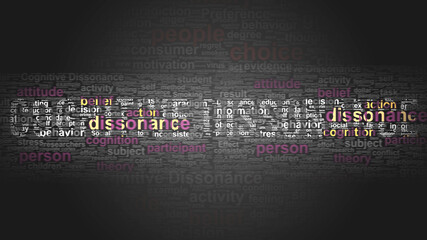 Naklejka premium Cognitive dissonance - essential terms related to it arranged in a 2-color word cloud poster. Reveals related primary and peripheral concepts, 3d illustration