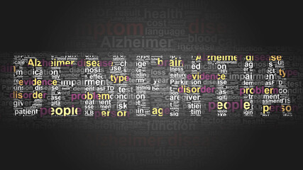 Dementia - essential subjects and terms related to Dementia arranged by importance in a 2-color word cloud poster. Reveal primary and peripheral concepts related to Dementia, 3d illustration