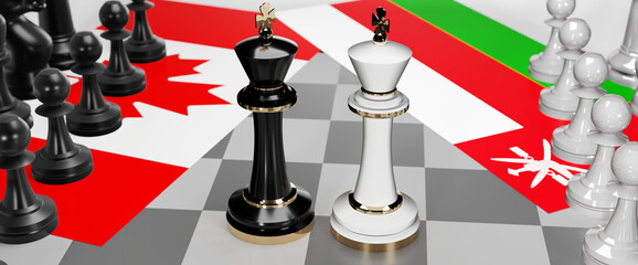 Canada and Oman - talks, debate, dialog or a confrontation between those two countries shown as two chess kings with flags that symbolize art of meetings and negotiations, 3d illustration