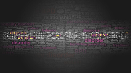 Borderline personality disorder - essential terms related to it arranged in a 2-color word cloud poster. Reveals related primary and peripheral concepts, 3d illustration