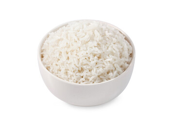 boiled rice in a bowl isolated on white background.