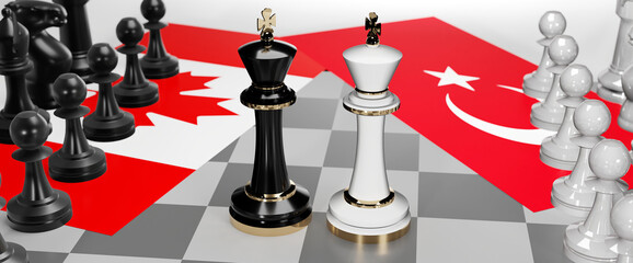 Canada and Turkey - talks, debate, dialog or a confrontation between those two countries shown as two chess kings with flags that symbolize art of meetings and negotiations, 3d illustration