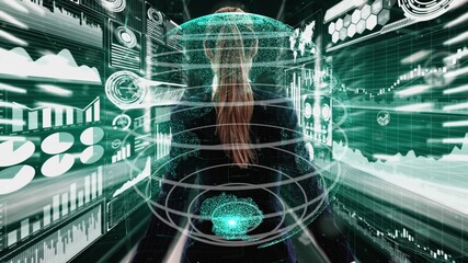 Big Data Technology for Business Finance Analytic conceptual . Modern graphic interface shows massive information of business sale report, profit chart and stock market trends analysis .