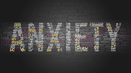 Anxiety - essential subjects and terms related to Anxiety arranged by importance in a 2-color word cloud poster. Reveal primary and peripheral concepts related to Anxiety, 3d illustration
