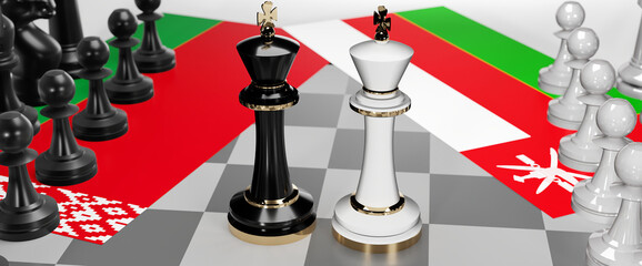 Belarus and Oman - talks, debate, dialog or a confrontation between those two countries shown as two chess kings with flags that symbolize art of meetings and negotiations, 3d illustration