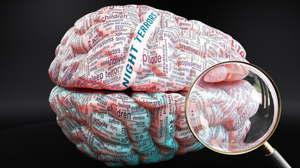 Fototapeta premium Night terrors in human brain, a concept showing hundreds of crucial words related to Night terrors projected onto a cortex to fully demonstrate broad extent of this condition, 3d illustration