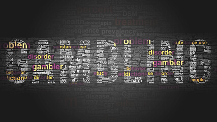 Gambling - essential subjects and terms related to Gambling arranged by importance in a 2-color word cloud poster. Reveal primary and peripheral concepts related to Gambling, 3d illustration