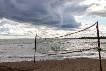 Volley ball net on the beach on Lake Superior in Ontario, Canada