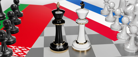 Belarus and Netherlands - talks, debate, dialog or a confrontation between those two countries shown as two chess kings with flags that symbolize art of meetings and negotiations, 3d illustration