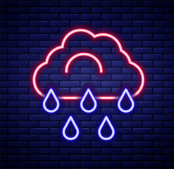 Glowing neon line Cloud with rain icon isolated on brick wall background. Rain cloud precipitation with rain drops. Colorful outline concept. Vector