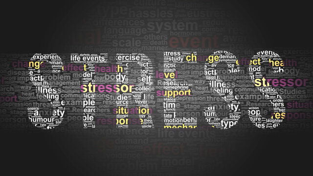 Stress - essential subjects and terms related to Stress arranged by importance in a 2-color word cloud poster. Reveal primary and peripheral concepts related to Stress, 3d illustration