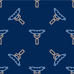 Line Sausage on the fork icon isolated seamless pattern on blue background. Grilled sausage and aroma sign. Vector