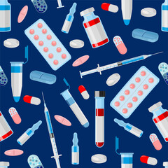 Seamless pattern with vector Medical Icons in flat style. Pills, Ampoules, syringes and capsules in different colors, shapes and sizes, isolated elements. Seamless background, pattern