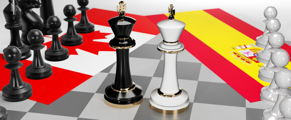 Canada and Spain - talks, debate, dialog or a confrontation between those two countries shown as two chess kings with flags that symbolize art of meetings and negotiations, 3d illustration