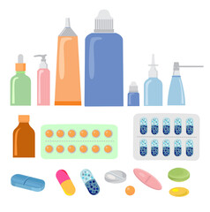 Various meds. Pills, capsules blisters, glass bottles with liquid medicine and plastic tubes with caps. Drug medication and supplements collection. Flat style vector object illustration