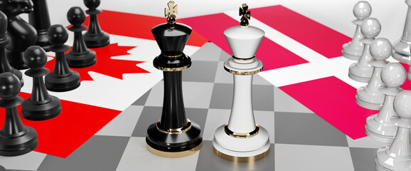 Canada and Denmark - talks, debate, dialog or a confrontation between those two countries shown as two chess kings with flags that symbolize art of meetings and negotiations, 3d illustration