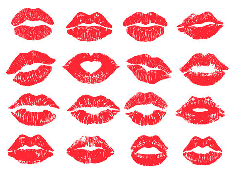 Beautiful red lip imprint set. Isolated on white. Women s lips lipstick kiss print set for valentine day and love illustration