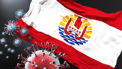 French Polynesia and the covid pandemic - corona virus attacking national flag of French Polynesia to symbolize the fight, struggle and the virus presence in this country, 3d illustration