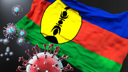 New Caledonia and the covid pandemic - corona virus attacking national flag of New Caledonia to symbolize the fight, struggle and the virus presence in this country, 3d illustration