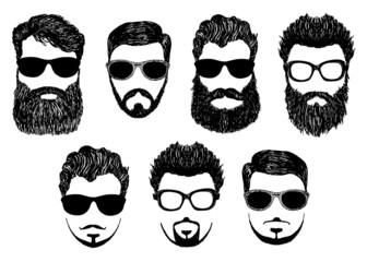 Hipster detailed hair and beards with sunglasses kit. Fashion bearded man face. Long beard with facial hair. Beard isolated on white. Hipsters with different haircuts, mustaches, beards, glasses.