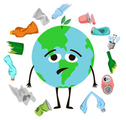 Sadness cartoon globe character and garbage around. Stop pollution world. Global warming concept. Illustration isolated on white background. Poster about plastic pollution ecology problem.