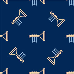 Line Trumpet icon isolated seamless pattern on blue background. Musical instrument. Vector