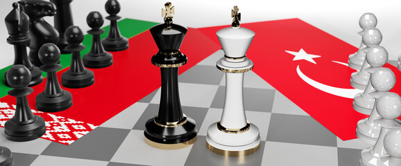 Belarus and Turkey - talks, debate, dialog or a confrontation between those two countries shown as two chess kings with flags that symbolize art of meetings and negotiations, 3d illustration