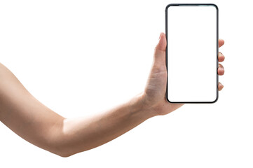 Woman hand holding phone isolated on white background.	