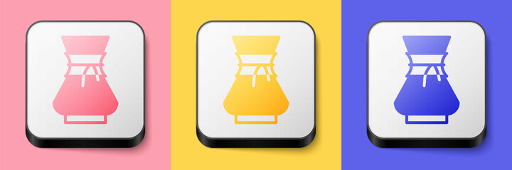 Isometric Pour over coffee maker icon isolated on pink, yellow and blue background. Alternative methods of brewing coffee. Coffee culture. Square button. Vector