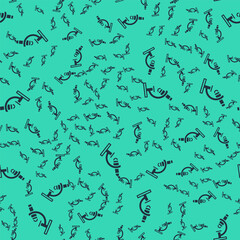 Black Microscope icon isolated seamless pattern on green background. Chemistry, pharmaceutical instrument, microbiology magnifying tool. Vector