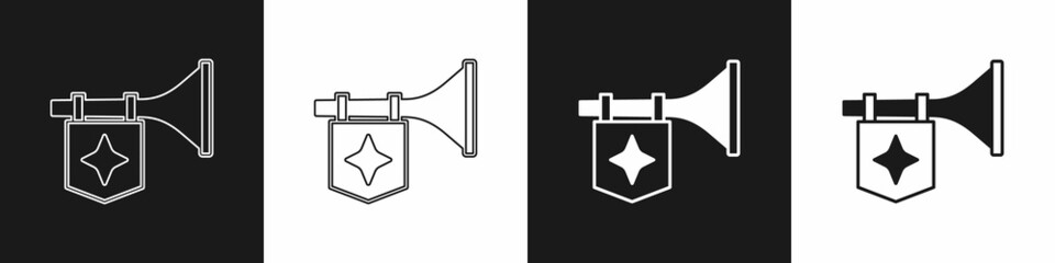 Set Trumpet with flag icon isolated on black and white background. Musical instrument trumpet. Vector