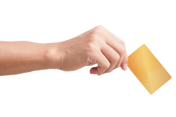 Woman hand holds gold credit card isolated on white background.	