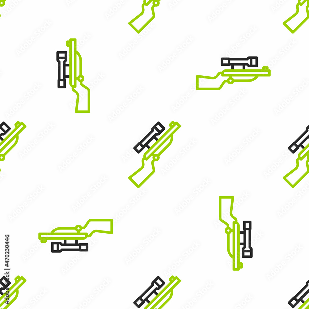 Poster line sniper rifle with scope icon isolated seamless pattern on white background. vector