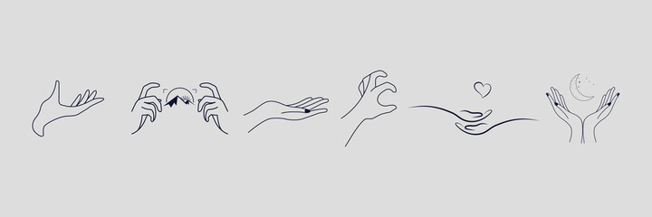 A set of Woman's hand icon collections in a minimal linear style. Vector logo design Templates with different hand gestures, Crystal. For cosmetics, beauty, tattoo, Spa, feminine, jewelry store.
