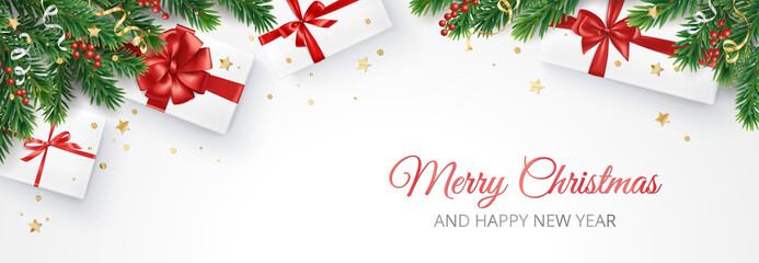 Christmas banner with decorated fir tree branches and presents on white background. Gift boxes with red ribbons. Merry Christmas text. For New Year and winter holiday cards, headers, gift certificates