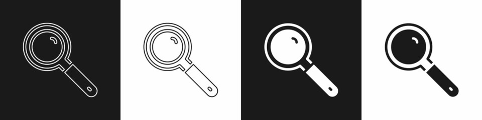 Set Magnifying glass icon isolated on black and white background. Search, focus, zoom, business symbol. Vector