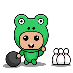 Vector cartoon character Mascot Costume amphibious animal cute frog playing bowling