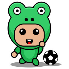 Obraz premium Vector cartoon character Mascot Costume amphibious animal cute frog playing football