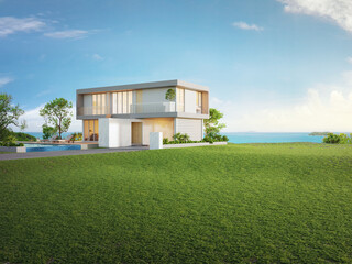 Luxury beach house with sea view swimming pool and big garden in modern design. Empty green grass lawn at vacation home. 3d illustration of contemporary holiday villa exterior.