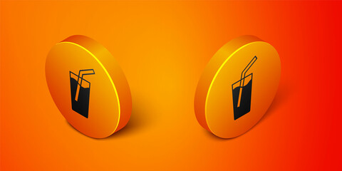 Isometric Glass with water icon isolated on orange background. Soda glass. Orange circle button. Vector