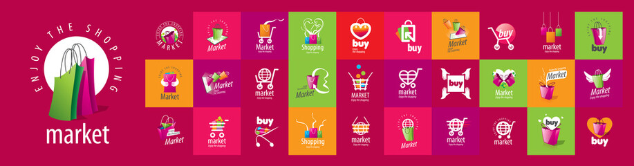 A set of vector Market logos on different colored backgrounds