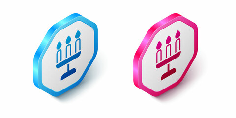 Isometric Candelabrum with three candlesticks icon isolated on white background. Hexagon button. Vector