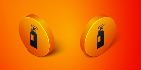 Isometric Bottle of shampoo icon isolated on orange background. Orange circle button. Vector