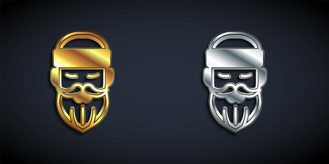 Gold and silver Bearded lumberjack man icon isolated on black background. Long shadow style. Vector