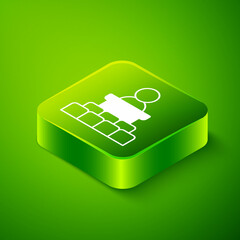 Isometric Speaker icon isolated on green background. Orator speaking from tribune. Public speech. Person on podium. Green square button. Vector