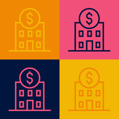 Pop art line Bank building icon isolated on color background. Vector