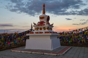 One of the sacred stupas of the Syakusn-syume Buddhist temple on a September evening. Environs of...