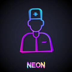 Glowing neon line Male doctor icon isolated on black background. Vector